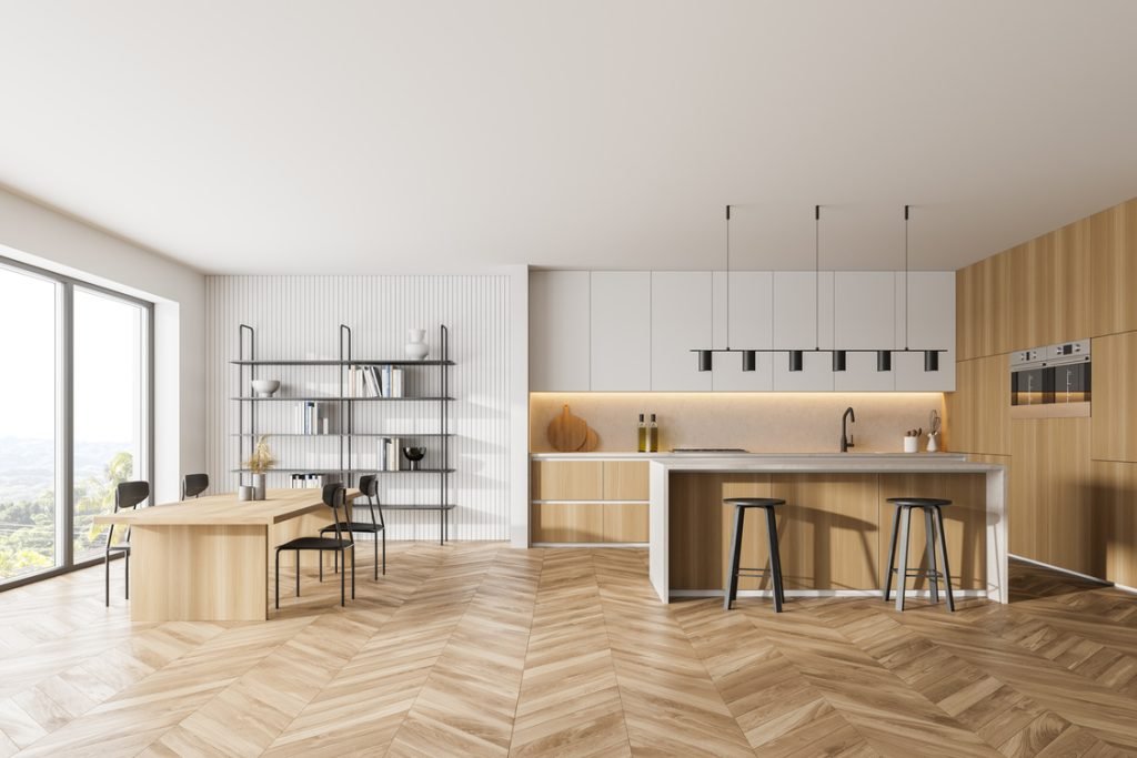 Contrasting and matching kitchen cabinet and floor colours