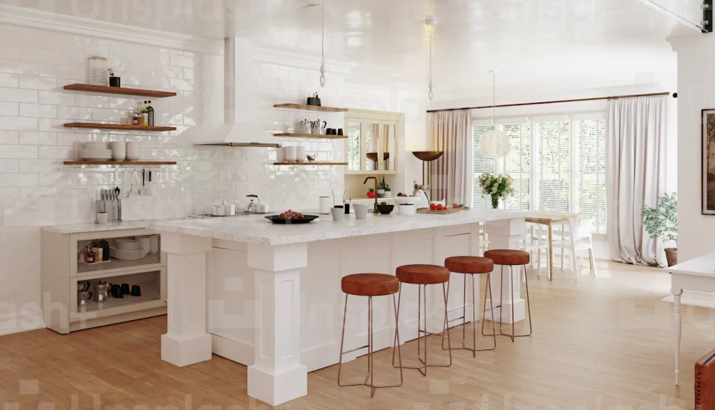 7 Best Coastal Kitchen Design Ideas White kitchen with open shelving and brown stools.